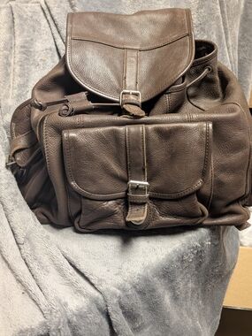 Men's Brown Leather Backpack with Front Buckle Pocket